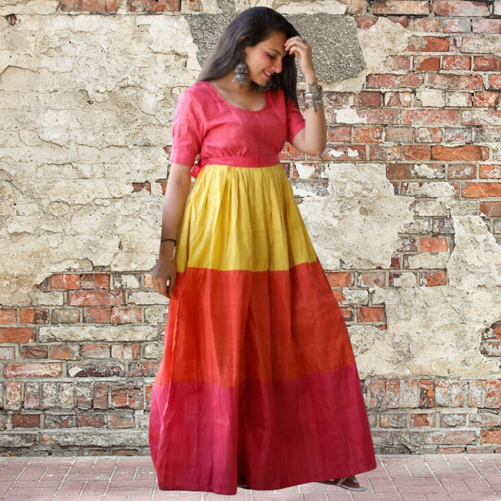 Colour Block Maxi Dress | Festive | Breathable Cotton | Yellow, Red & Orange