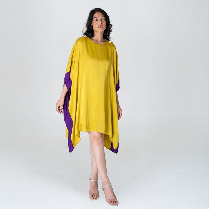 Vibrant Yellow-Purple Short Kaftan Dress | Modal | Stylish Elegance