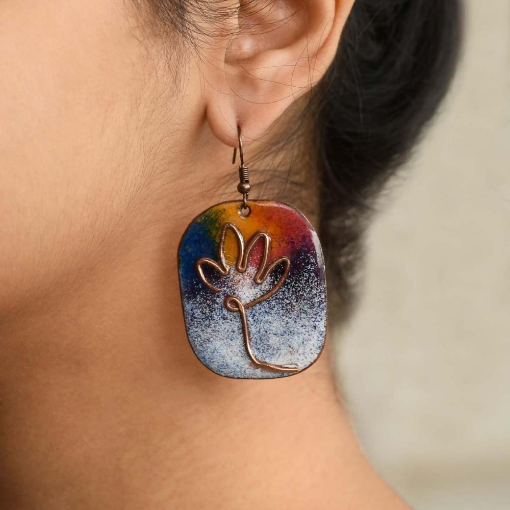 Lotus Pattern Unique Copper Enamel Dangler Earring | Hand-crafted