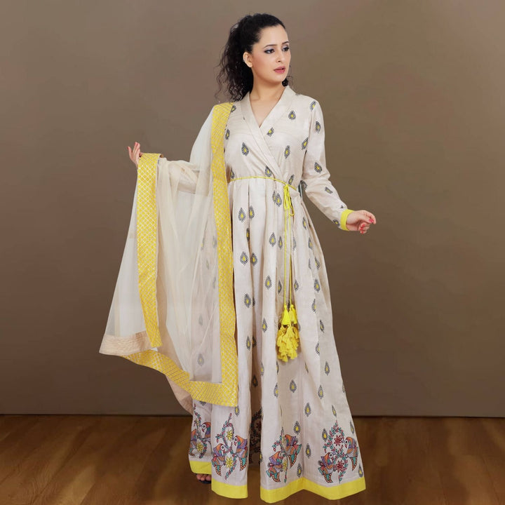 Tiahna Tussar Silk Anarkali | Madhubani Hand-Painted | Beige & Yellow