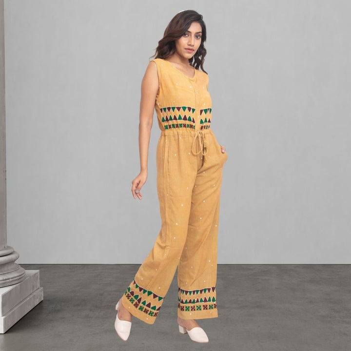 Muted Mustard Yellow Jumpsuit | Batik and Kantha Embroidered | Smart Casual