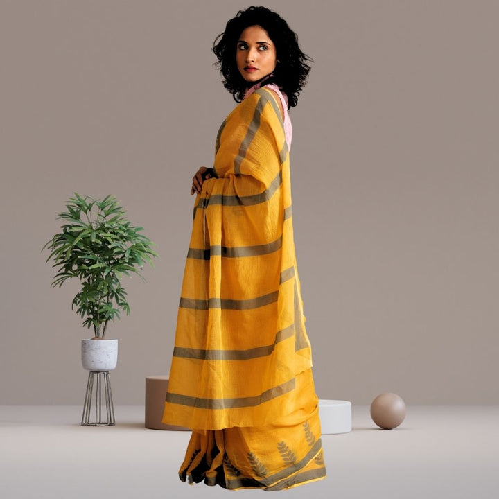 Rosa Saree | Kota | Hand Block Printed | Silk | Summery | Grey | Mustard Yellow