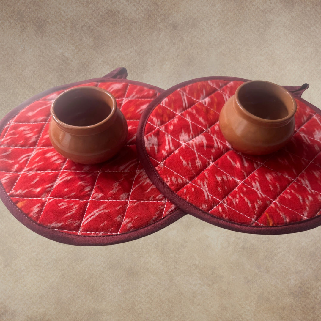 Round Red Ikat Cotton Pot Holders | Hand-Crafted Kitchen Utilities | Set of 2