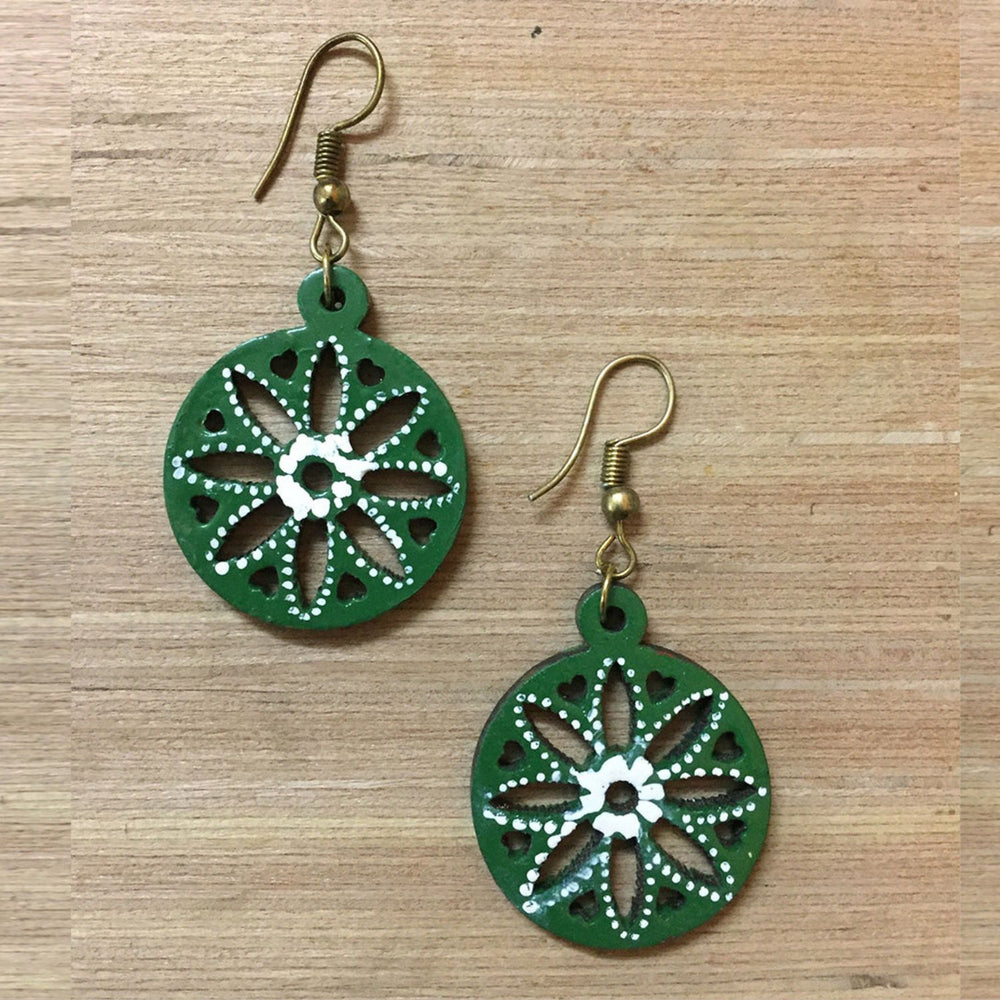 Green Round Painted Tikuli Art Drop Earrings | Artistic | Vibrant Jewelry | Everyday Wear