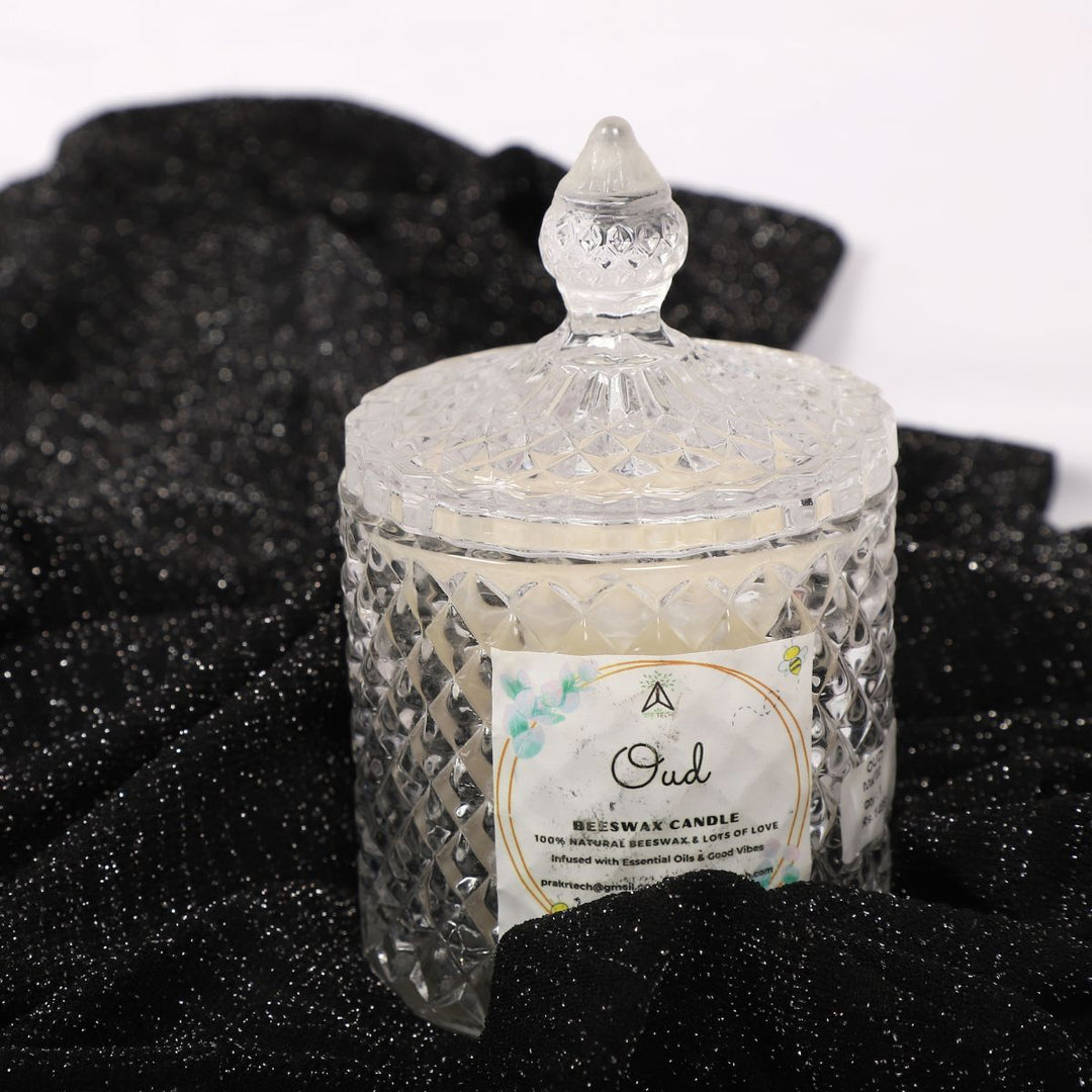 Scented Beeswax Candle In Crystal Glass Jar | Smoke-Free | Oud Fragrance