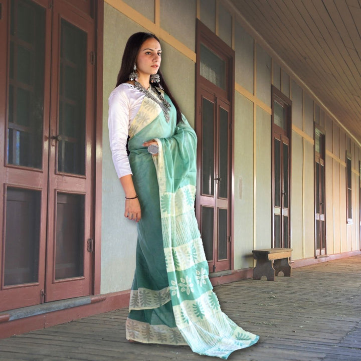 Sea Green Muslin Saree For Women | Artistic Batik Printed | Office Wear 