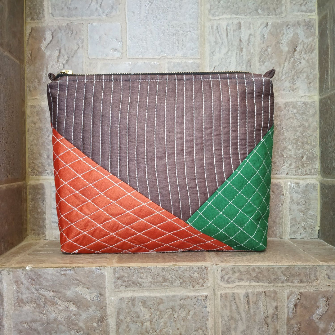 Tri-coloured Silk Quilted Clutch Bag | Geometric Pattern | Hand-Crafted