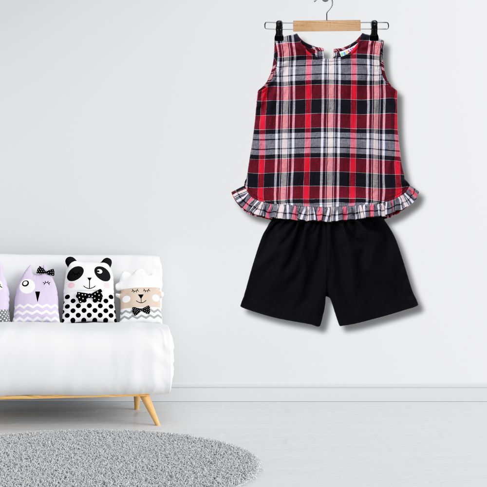 Berry Gingham Shorts Set For Girls | Regular Fit | Casual Wear | Linen | Red And Black