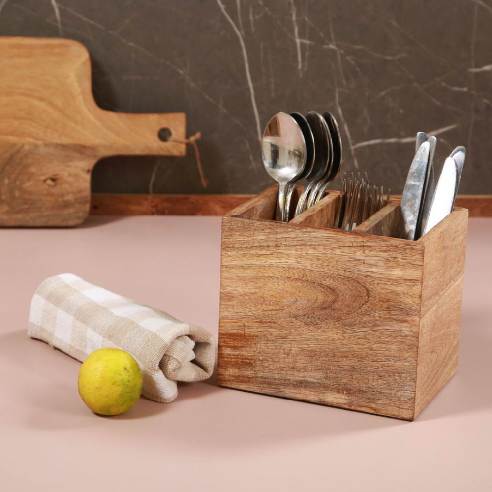 Wood Finish Cutlery Holder | Table Accessory | 3 Compartment | Solid Mango Wood | 6.8 Inches