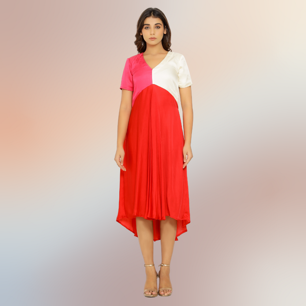 Red-Pink-Ivory Tri-Color Block Midi Dress | Bemberg Modal Silk | Sustainable