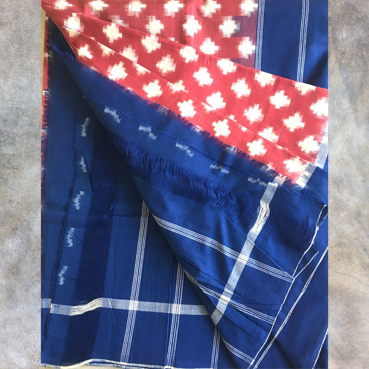 Rust And Blue Pochampally Double Ikat Saree | Cotton | Elegant Drape 