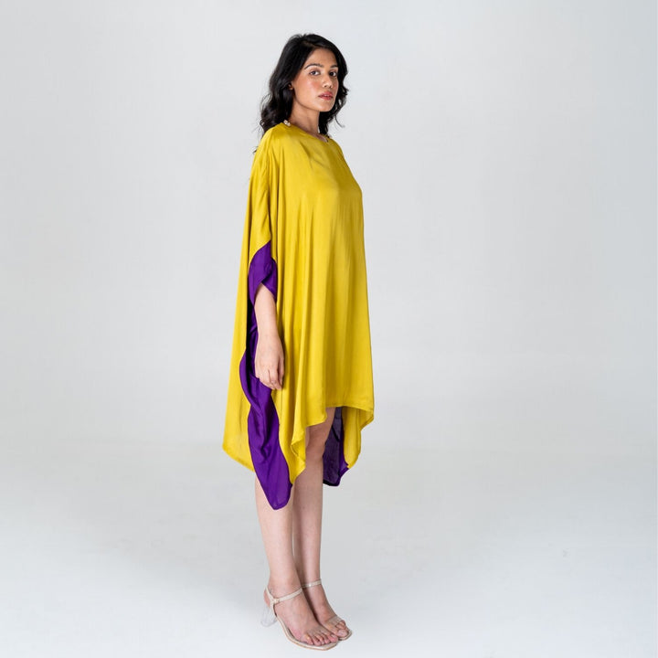 Vibrant Yellow-Purple Short Kaftan Dress | Modal | Stylish Elegance