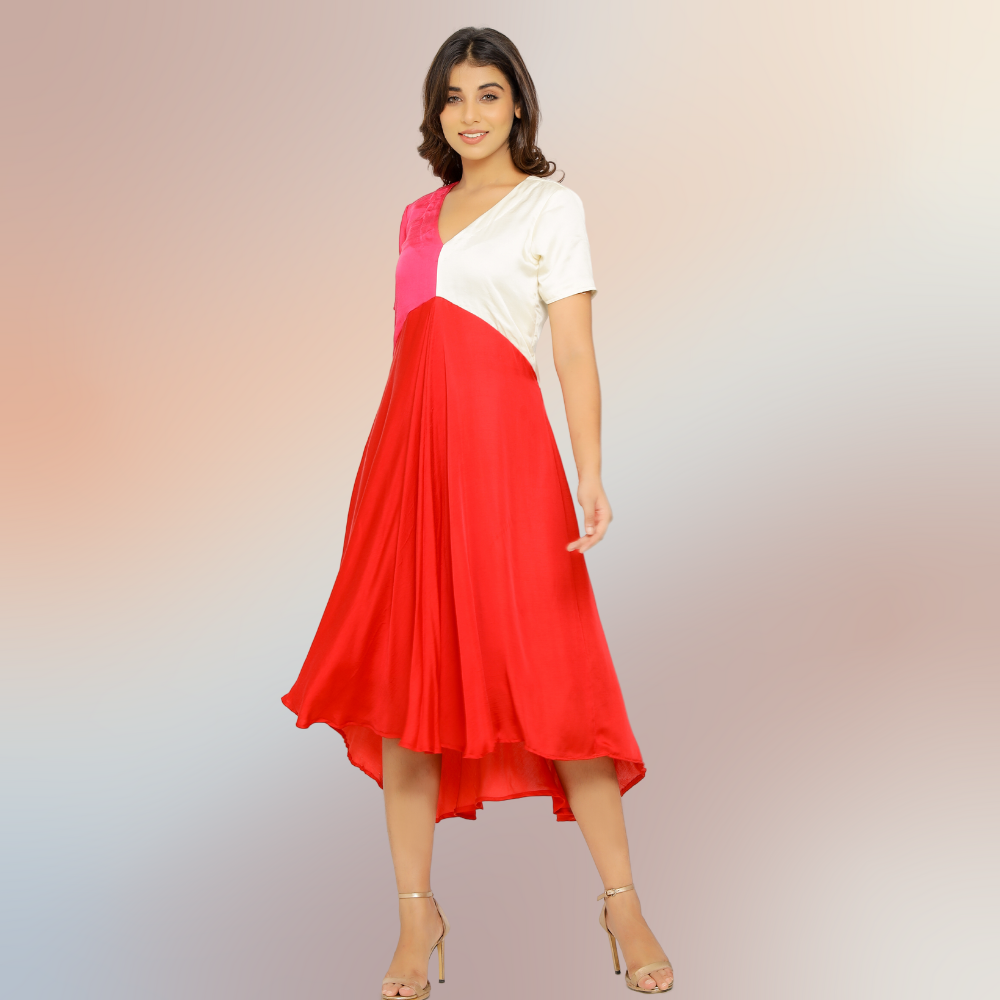 Red-Pink-Ivory Tri-Color Block Midi Dress | Bemberg Modal Silk | Sustainable