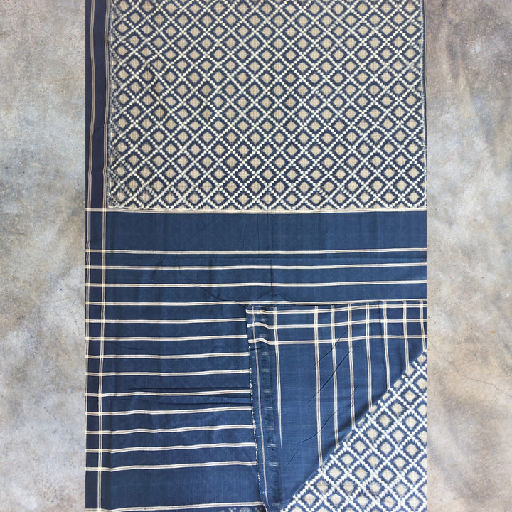 Pochampally Double Ikat Saree | Indigo Blue & Rice White | Elegant & Classy Drape