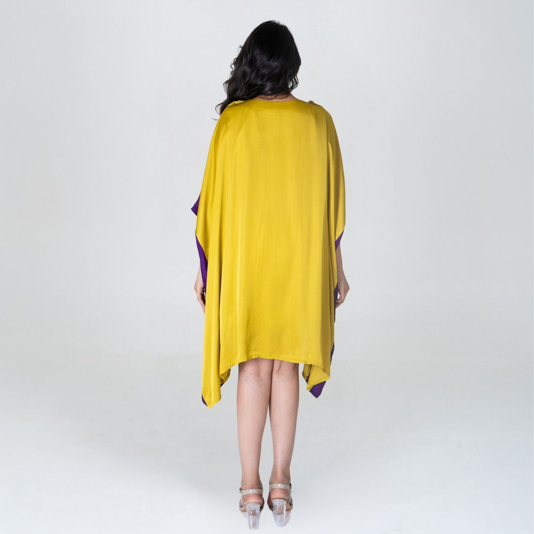 Vibrant Yellow-Purple Short Kaftan Dress | Modal | Stylish Elegance