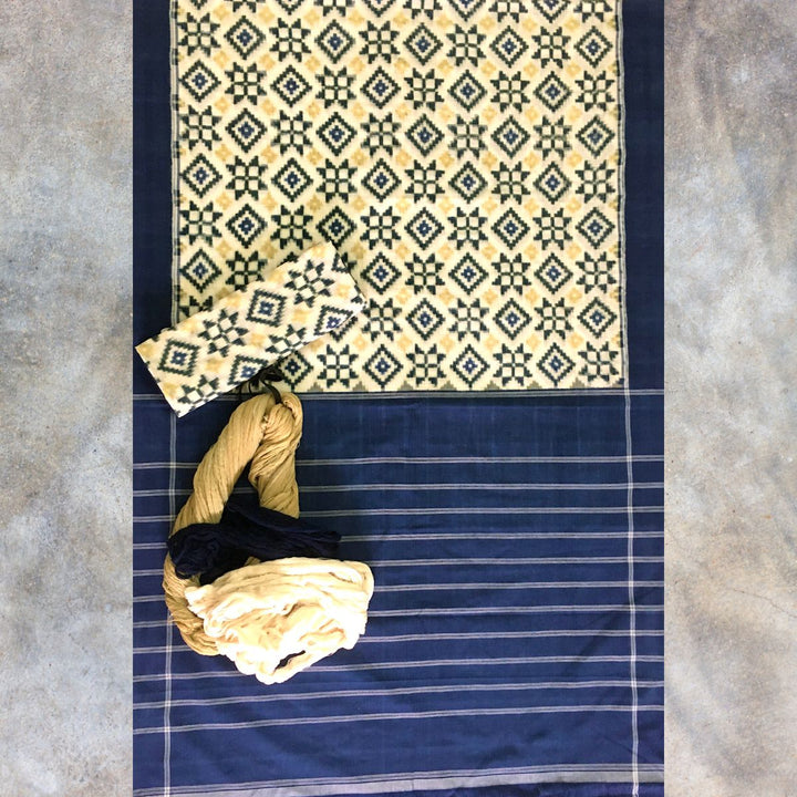 Navy & Cream Pochampally Double Ikat Saree | Soothing Contrast Colours | Detailed 