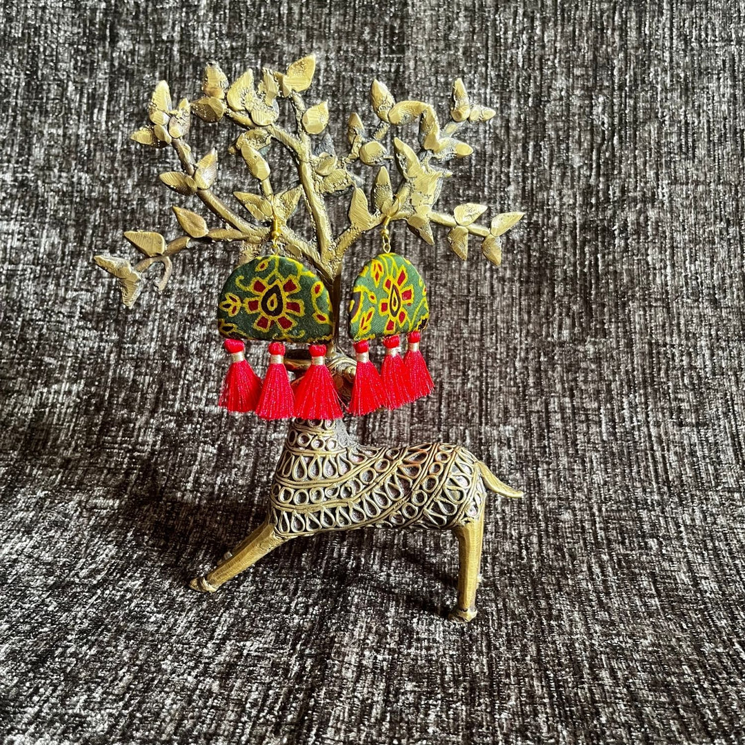 Green Ajrakh Drop Earrings | Hand-Crafted Fabric Jewelry | Ethnic | Unique