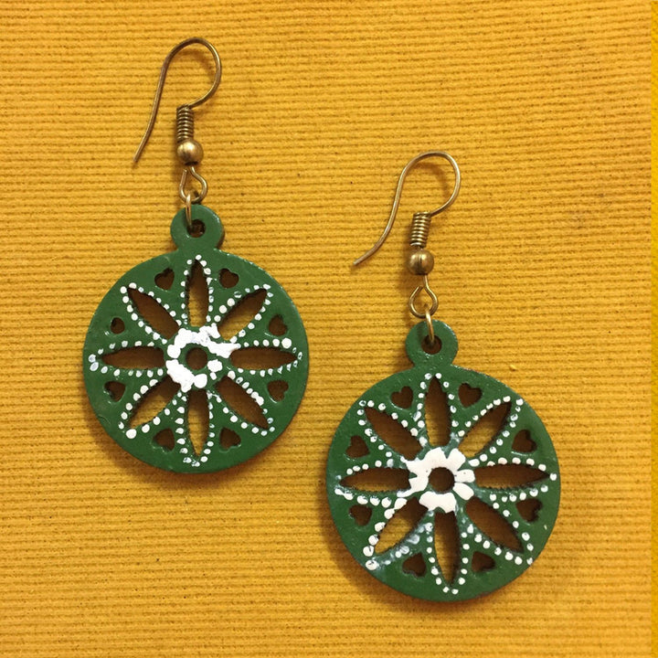 Green Round Painted Tikuli Art Drop Earrings | Artistic | Vibrant Jewelry | Everyday Wear