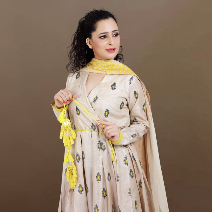 Tiahna Tussar Silk Anarkali | Madhubani Hand-Painted | Beige & Yellow