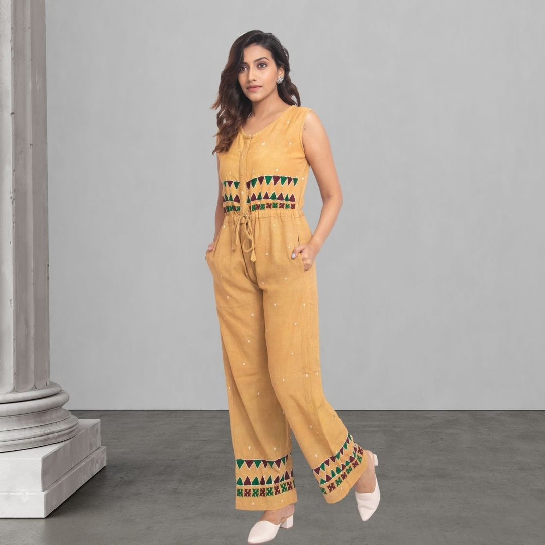 Muted Mustard Yellow Jumpsuit | Batik and Kantha Embroidered | Smart Casual