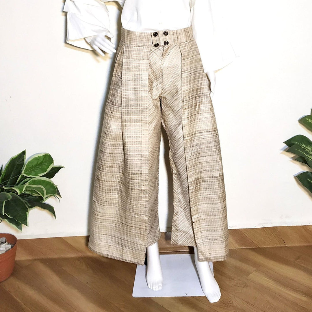 Amey Tussar Ghicha Flap Pant | Checkered | Relaxed Fit | Beige