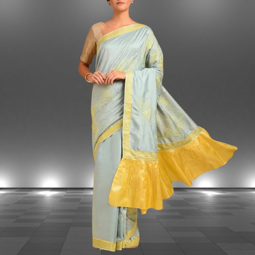 Sage Green & Saffron Yellow Tussar Eri Silk Saree | Sujani Embroidered | Festive