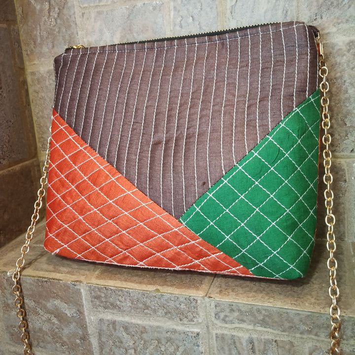 Tri-coloured Silk Quilted Clutch Bag | Geometric Pattern | Hand-Crafted