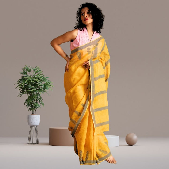 Rosa Saree | Kota | Hand Block Printed | Silk | Summery | Grey | Mustard Yellow