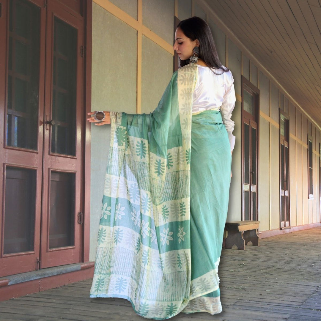 Sea Green Muslin Saree For Women | Artistic Batik Printed | Office Wear 