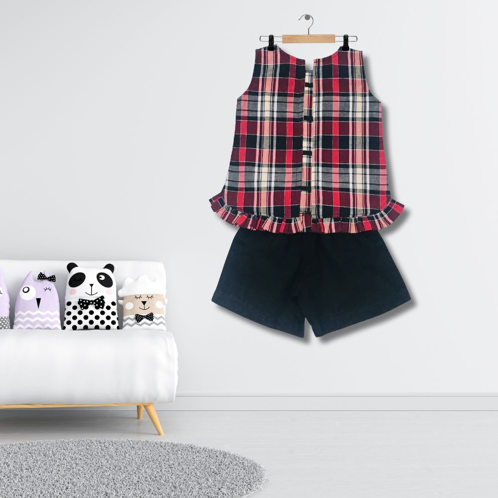 Berry Gingham Shorts Set For Girls | Regular Fit | Casual Wear | Linen | Red And Black