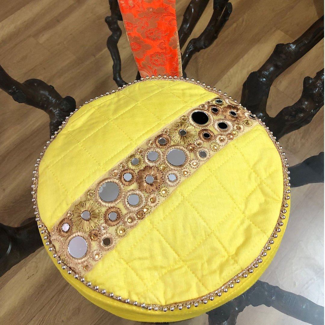 Saffron Circular Wrist Bag | Mirror Work & Pearl Embellishments