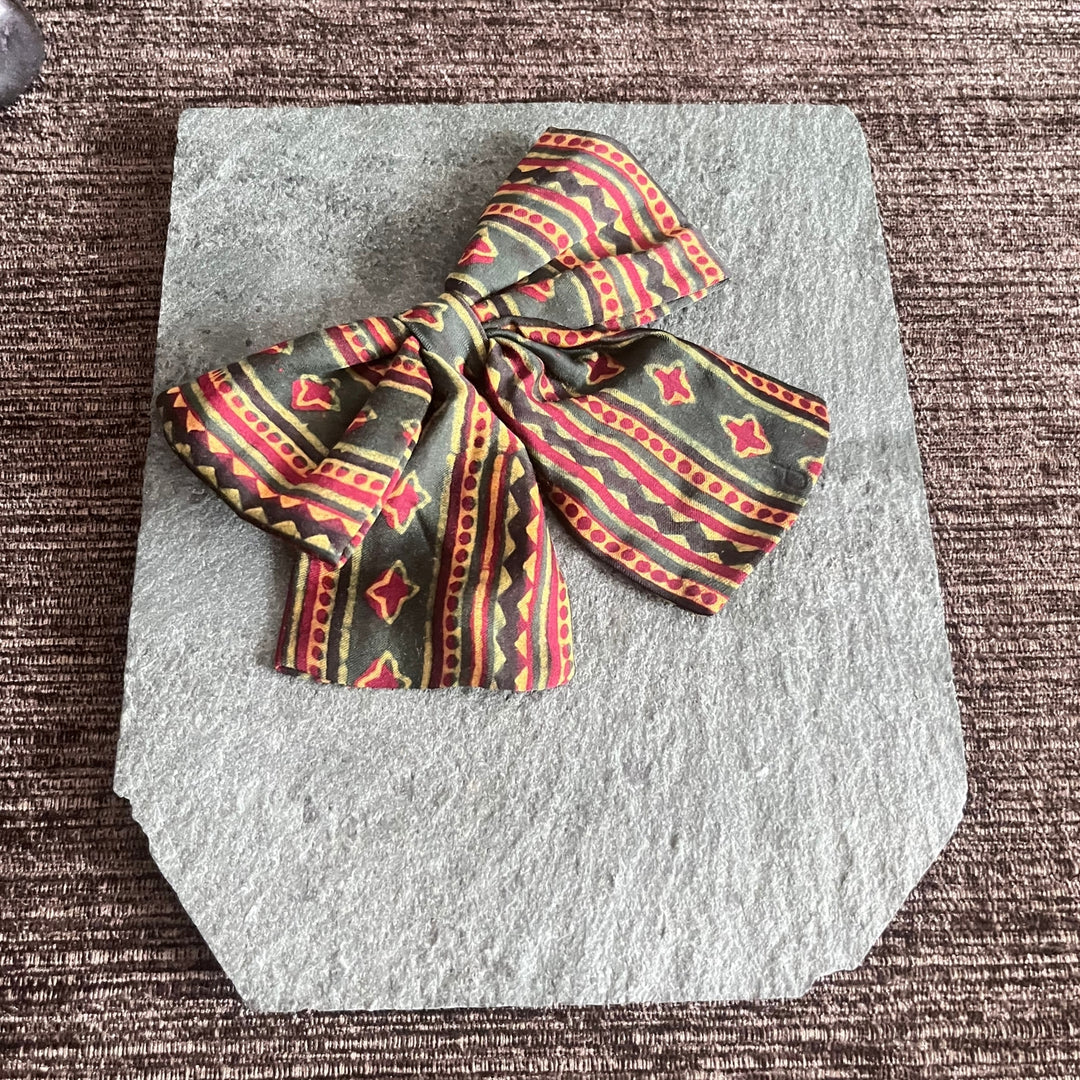 Hair Bow Ribboned Clip For Women | Crafted With Green Ajrakh | Hair Jewelry