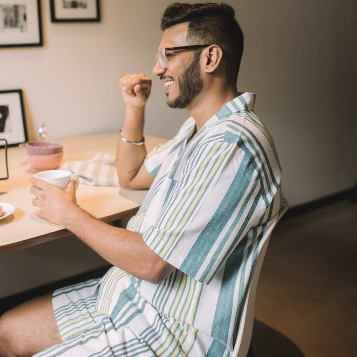 The Holiday Co-ord Set | Men | Stripes | Cropped Shirt W/ Shorts | Handwoven Cotton