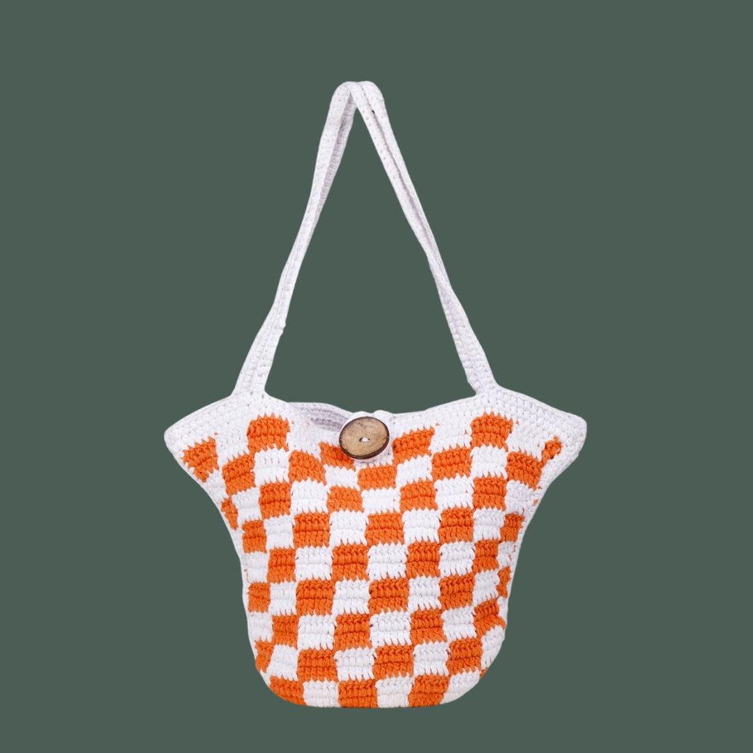 Hand-crafted Checkered Board Bag | Hand-Crochet | Cotton Yarn | White