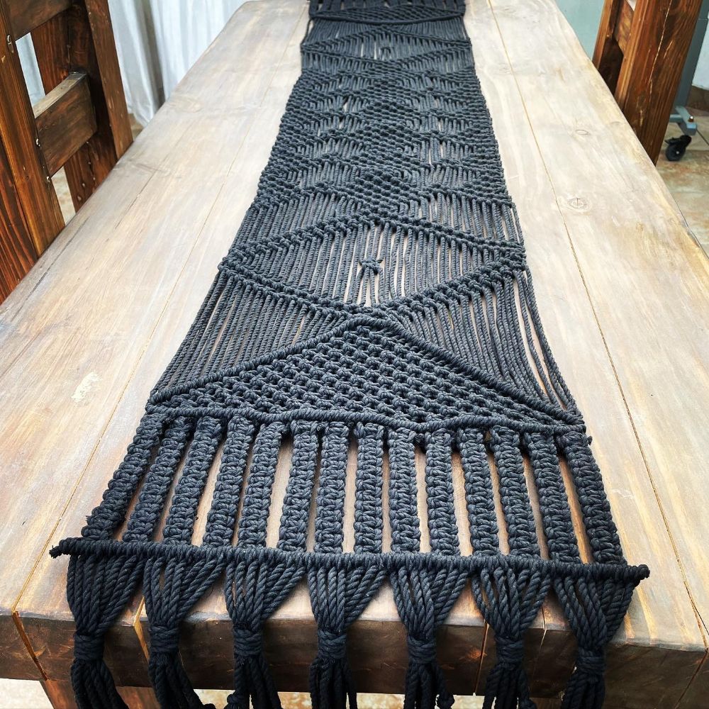 Bohemian Style Hand-Crafted Table Runner | Abstract Patterned | Macrame | Hand-Made | Black |  3 Ft