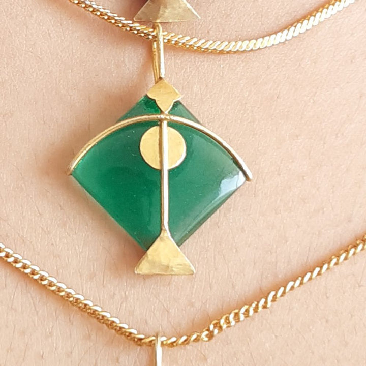 Green Pendant | Kite Designed | Hand Cut | Made of Green Onyx And Gold Plated 925 Silver