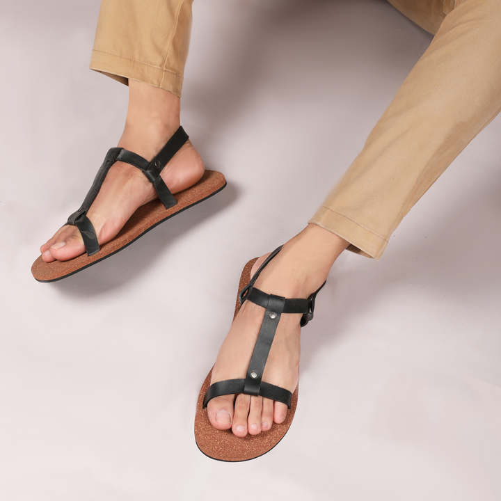 T-Strap Cork Brown Sandals | Flats for Men | Soft, Light-Weight and Eco-Friendly