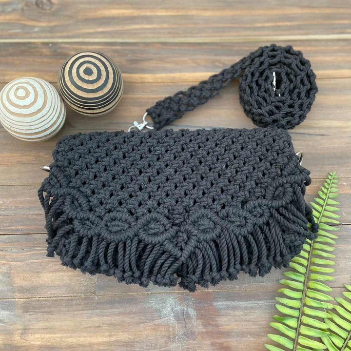 Bohemian Style Hand-Crafted Sling Bag | Conveniently Stylish | Macrame | Natural Cotton | Black