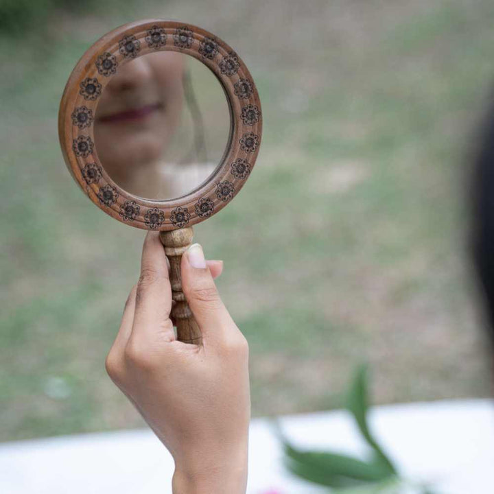 Engraved Face Mirror | Handheld | Wooden