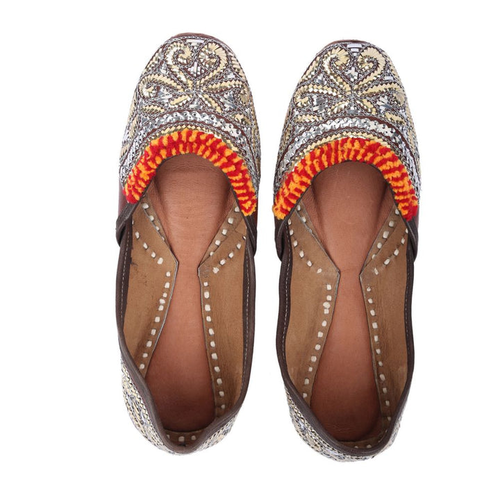 Cherry Brown Women Jutti  | Silver & Golden Mukaish Work | Festive | Wedding