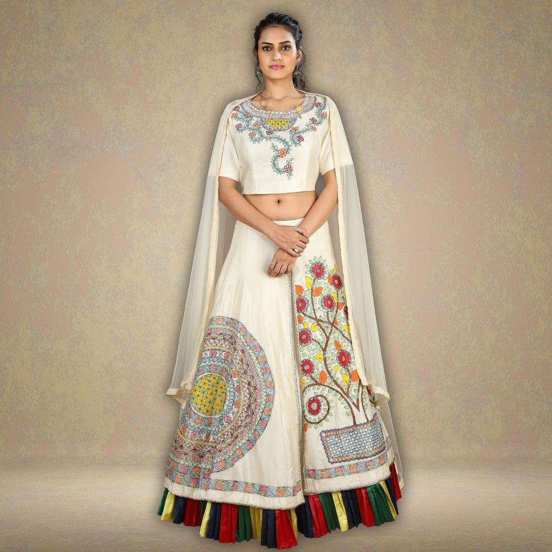 Surasa Elegant Tussar Silk Lehenga Set | Hand-Painted Madhubani | Glamorous