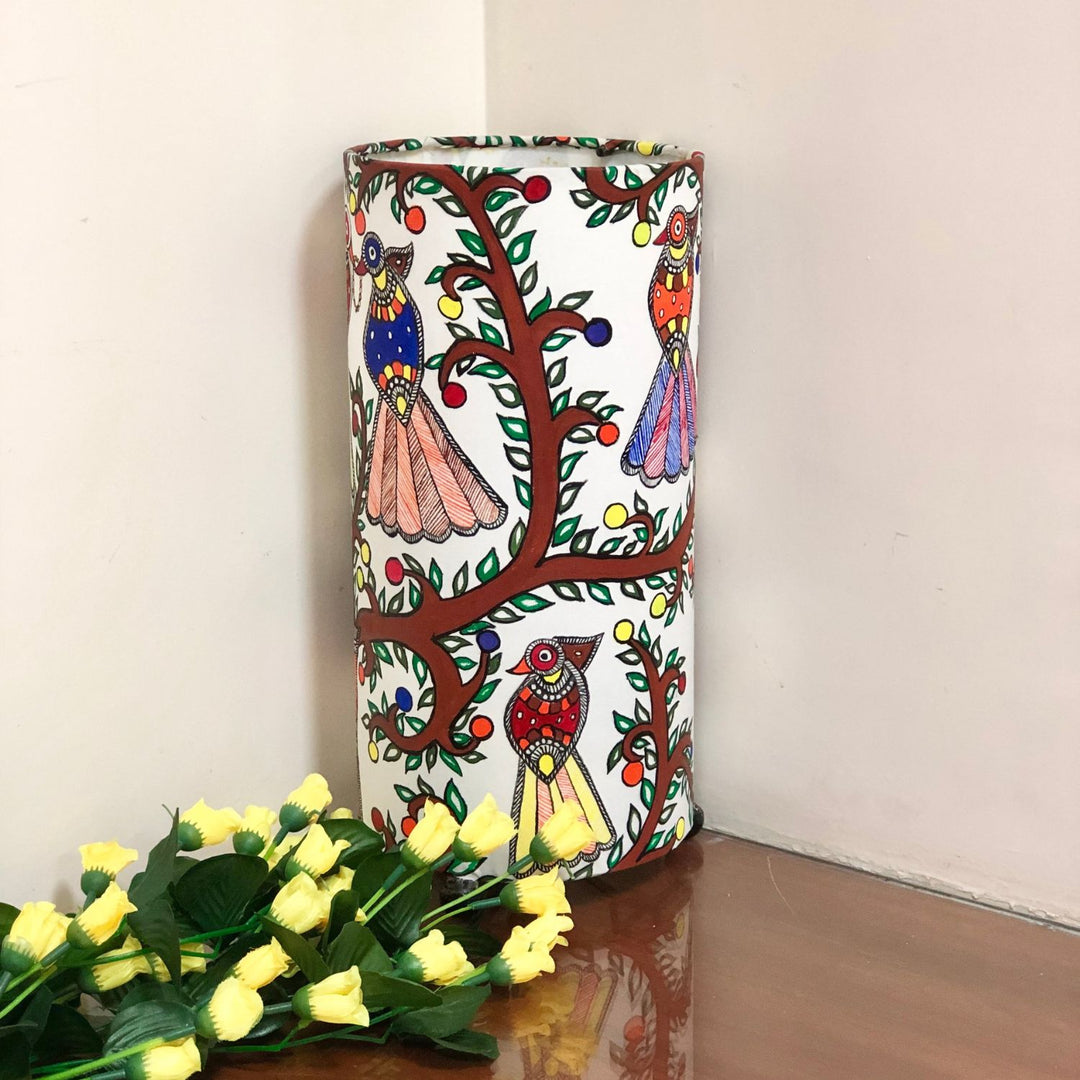 Madhubani Hand-painted Birds Cylindrical Table Lamp | 12 X 6 Inch