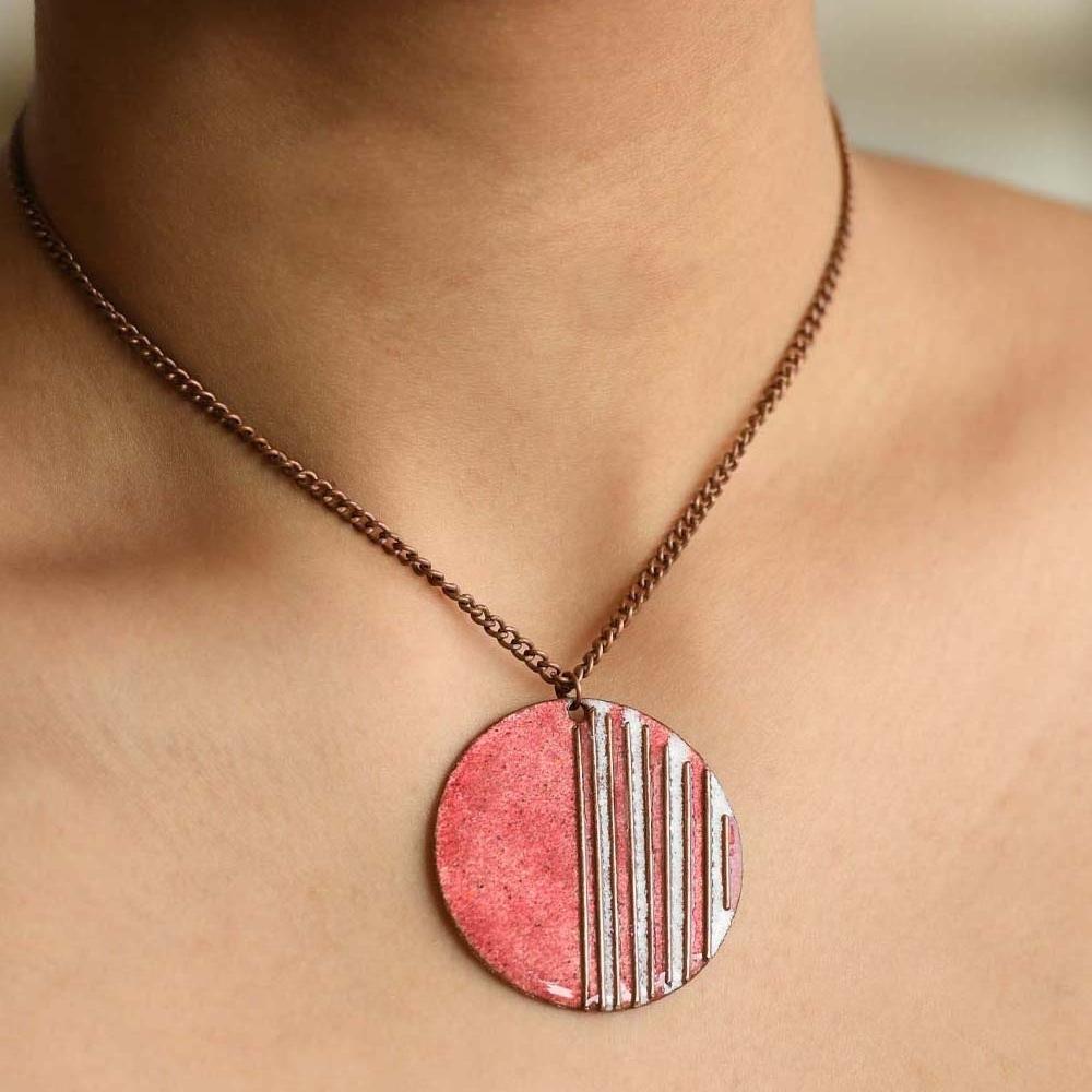 Crinkle Stripes Copper Enamel Pendant Necklace | Hand-crafted