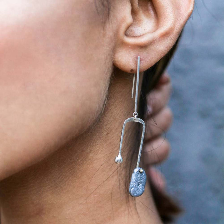 Dangling Silver Earring | Hand Made | Recycled Aluminium Nuggets | Minimally Designed