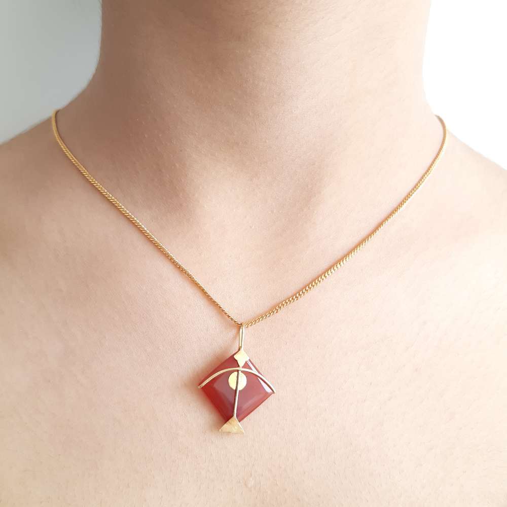 Red Pendant | Kite Designed | Hand Cut | Made of Red  Onyx And Gold Plated 925 Silver