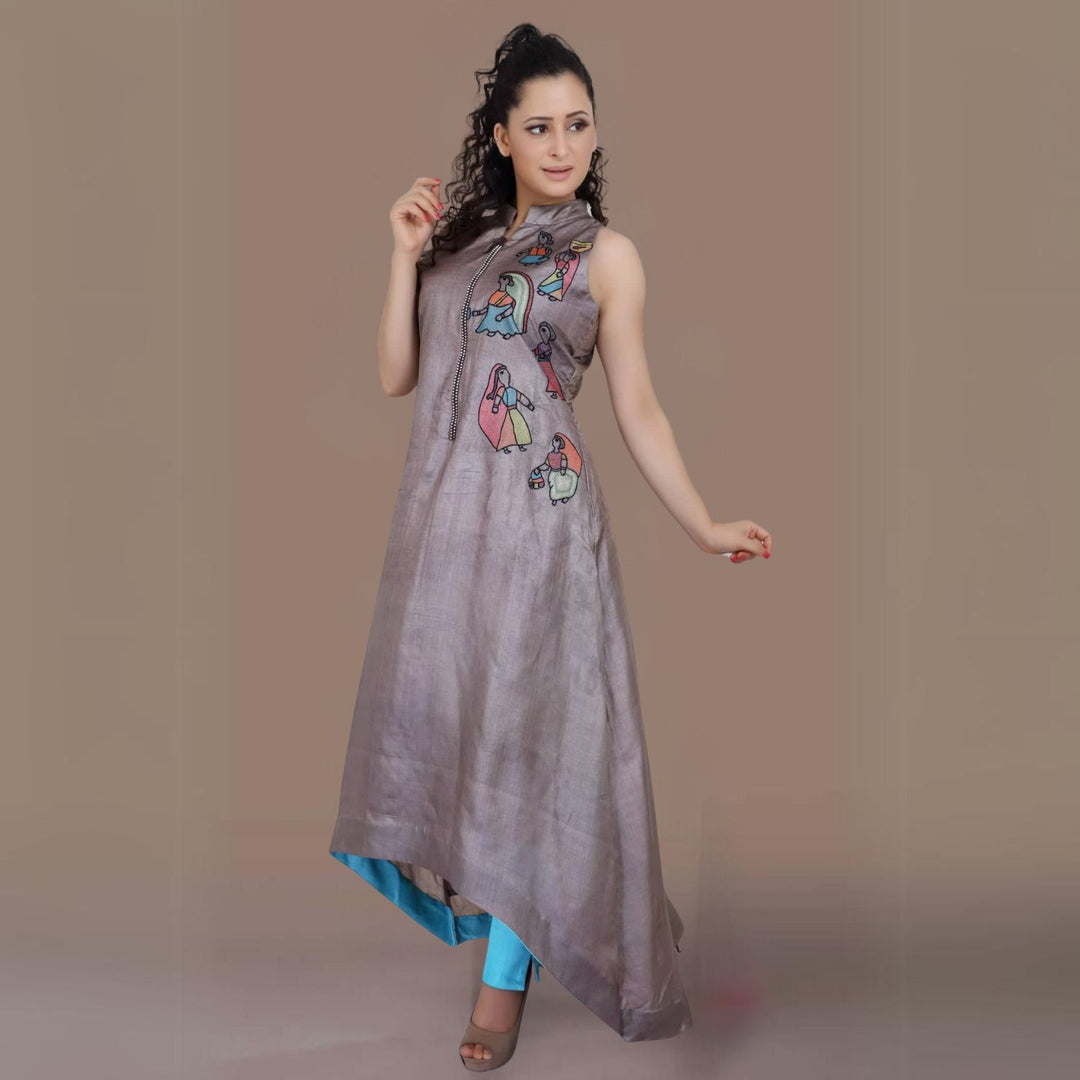 Manuela Tussar Kurta Pant Set | Sujani Embroidered | Chic | Occasional Wear | Ash Grey