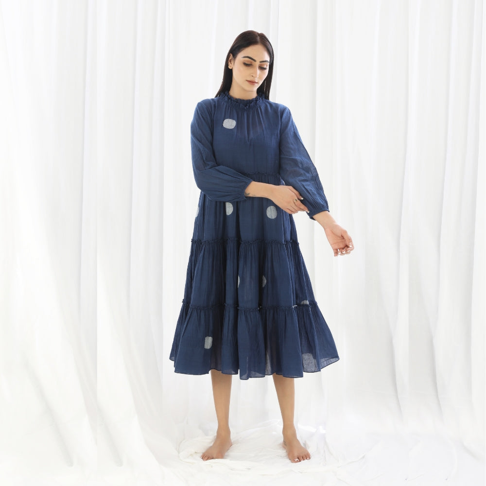 Hand Woven Turtle-Neck Tier Dress | Comfortable Fit for Daily Wear | Navy & White