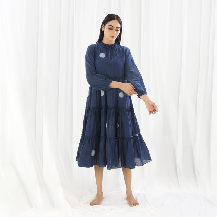 Turtle Neck Tier Dress For Women | Comfortable Fit | Daily Wear | Navy & White