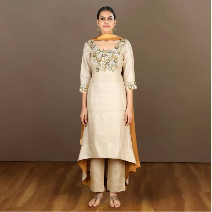 Aira Asymmetric Desi Tussar Kurta Set | Embroidered | Sophisticated | Festive | Beige