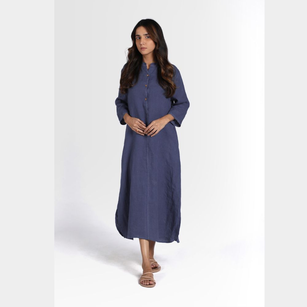 Indigo Shirt Dress Katha Embroidery | European Linen | Eco-Friendly | Sustainable